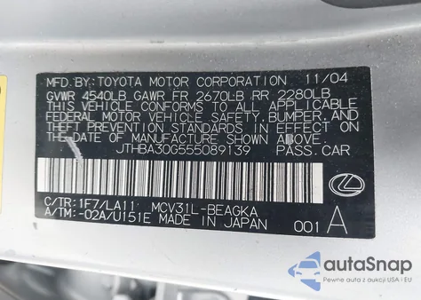 2005 Lexus Es 330 from USA, damaged, VIN JTHBA30G555089139